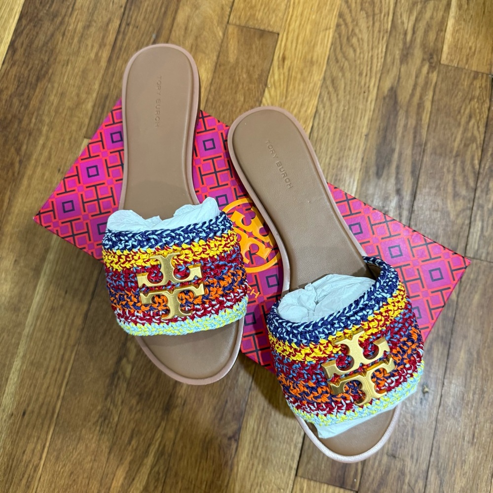 Tory Burch Multicolor Crochet Slide Sandals with Gold Logo
